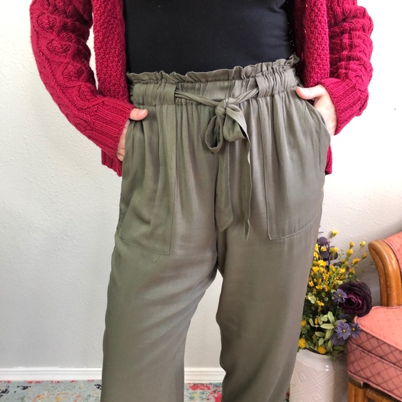 Nick Paperbag Olive Tie Waist Belted Cuffed Pants - Picture 3 of 8
